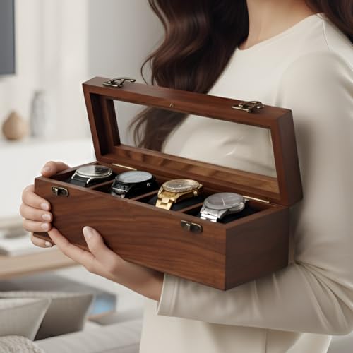 Image of Vintage Wooden Watch Box for Men, Timepiece Storage & Organizer, Watch Display Case, Jewelry Box for Women, Anniversary Gift for Husband (4 Grooves (Rosewood))