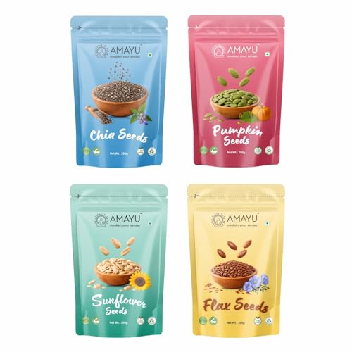 Image of AMAYU Healthy Seeds Combo Pack | Nutrient-Rich Superfoods for Daily Wellness | High in Fiber, Protein & Omega-3 | Premium Natural Seeds for Everyday Nutrition | 200g Each (Chia, Pumpkin, Flax & Sunflower seeds)