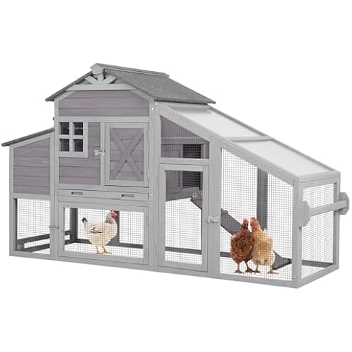 Aivituvin Chicken Coop Mobile Chicken House on Wheels Expandable Wooden Poultry Cage with Large Nesting Box Leakproof Pull-Out Tray Rabbit Hutch Bunny Cage,UV-Resistant Roof (Grey，AIR32)