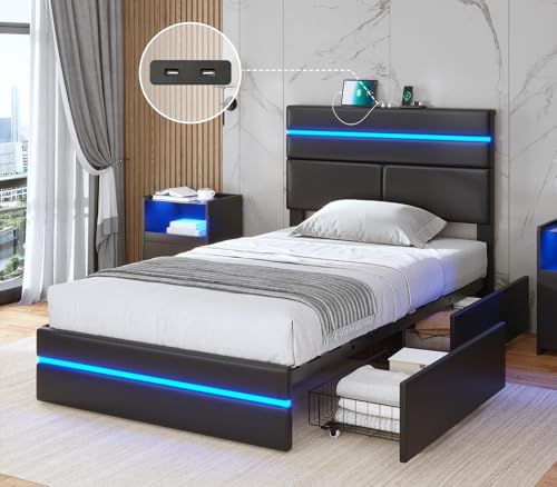 Image of AOGLLATI Twin Bed Frames with 4 Storage Drawers & Headboard, Led Bed Frame Twin with Charging Station, Upholstered Twin Bed with Storage, No Box Spring Needed, Black