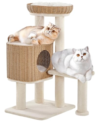 Yaheetech 91cm Rattan Cat Tree, w/Wicker Bed, 48cm Scratching Post, Washable Cushion, Modern Pet Tower for Indoor Large Cats, Beige