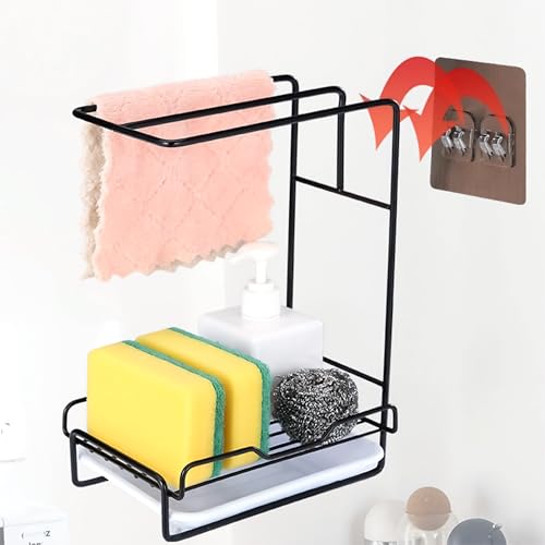 Image of Livzing 2-in-1 Metal Kitchen Sink Organizer & Towel Rack - Metal Sponge & Soap Holder with Drip Tray for Kitchen Sink, Countertop or Wall-Mount Kitchen Storage Rack - Free-Standing Rack