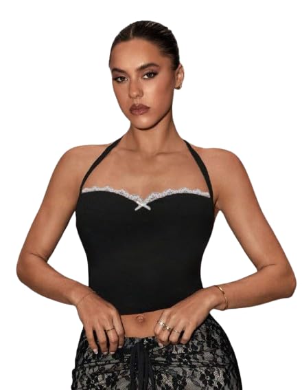 TIVANTE Solid Sweetheart Neck Lace Trim Bow Front Sleeveless Halter Neck Tops for Women