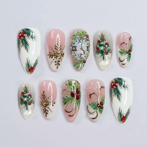 30Pcs Christmas Press on Nails Medium Almond Fake Nails Xmas
