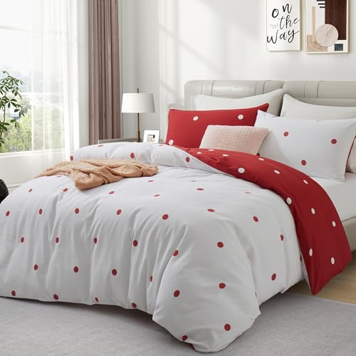 Hafaa Double Duvet Set Soft Printed Bedding Set Brushed Microfiber Duvet Cover with Pillowcases (Red and White Dotted 200x200 CM)