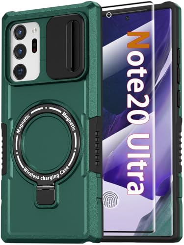 Magnetic Case for Samsung Galaxy Note 20 Ultra with Ring Stand [Compatible with MagSafe Wireless Charging] [Screen Protector] Military Grade Heavy Duty Shockproof Case with Slide Camera Cover, Green
