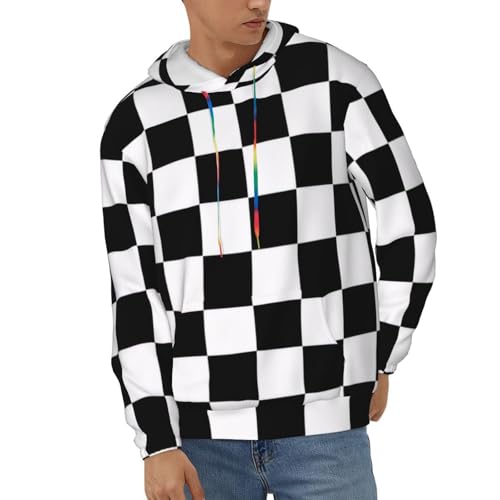 Mens Hoodie Pullover Casual Long Sleeve Drawstring Top Black And White Plaid Print Hooded Sweatshirt With Pocket2
