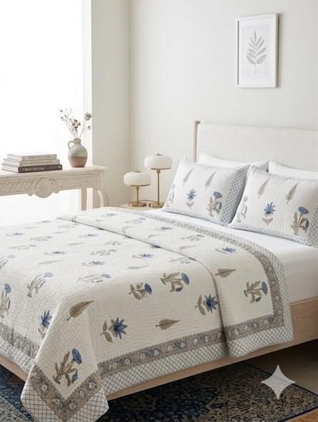 Floral Block Print Comforter Set, Blue and Beige, 100% Cotton, King Size, with Pillow Covers-image-41