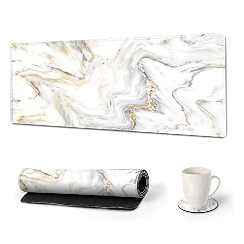 ARTSO Large Gaming Mouse Pad Extended Desk Pad XL Keyboard Mat Long Mousepad Decor Writing Pad 31.5x11.8inch Non Slip Rubber Base with Stitched Edges for Work, Game -White Gold Marble