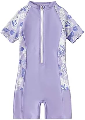 OYOANGLE Girl's Tropical Print Zipper Front Short Sleeve Sporty One Piece Swimsuit Bathing Suit Purple 140