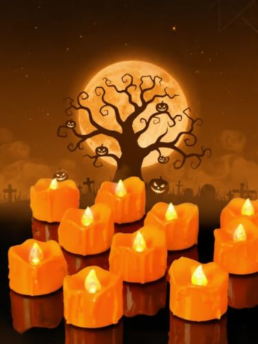 Image of 12 Pcs Orange Melting Timer Tea Light Candles Battery Operated