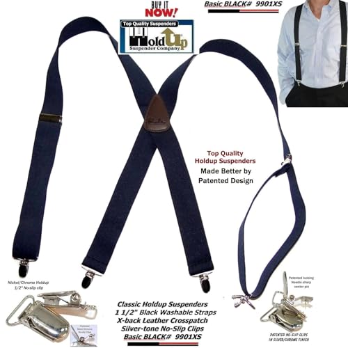 Holdup 1 1/2" Wide Classic Series Holdups Suspenders for Men in X-back style w/USA Patented No-slip® Silver Clips (Black XS)