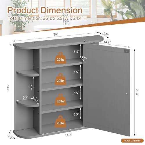 Meilocar Bathroom Mirror Cabinet Wall Mounted, Medicine Cabinet with Mirror and 6 Open Shelves, Modern Bathroom Wall Cabinets Medicine Cabinets, Grey