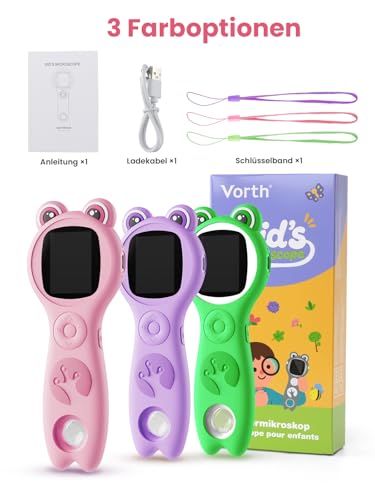 Vorth Mikroskop für Kinder, 2-Zoll-Digitalmikroskop mit 500-facher Vergrößerung, 4 Fach-Zoom-Handkamera, Mini-Taschenlupe, Naturwissenschaftliches Lernspielzeug 3+, Rosa