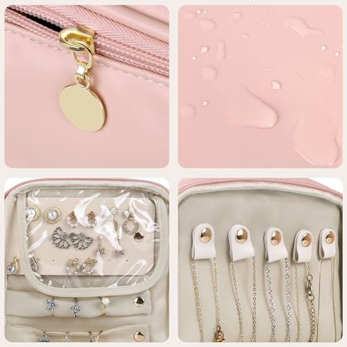 Kendal Large Capacity Travel Makeup Organizer with Jewelry Storage, PU Leather Travel Toiletry Bag with Brush Holders, Zipper Pockets & Clear Divider, Travel-Friendly Vanity Case for Women, Pink2