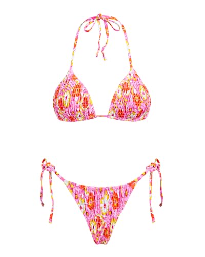 Image of Women's Triangle Bikini Set String Swimsuit Print Tie Smocked Ruched Two Piece Bathing Suit