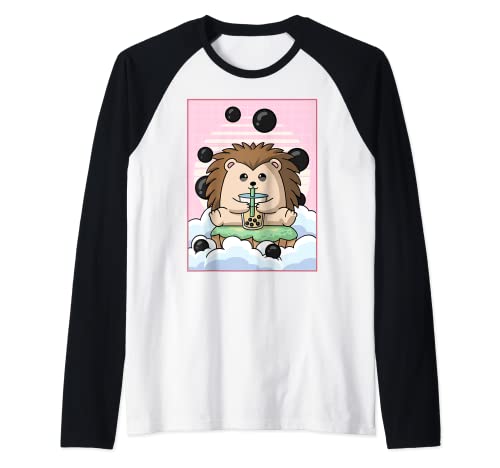Kawaii Hérisson Thé au lait Boba Japanese Aesthetic Manche Raglan
