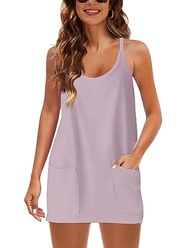 Image of Lianlive Women Athletic Mini Dresses Built-in Shorts Set Summer Sleeveless Sundress Hot Shot Mini Dress