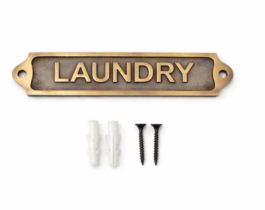 LAUNDRY Antique Effect Door Plaque Sign | Vintage Style Metal Laundry Room Door Sign with Raised Lettering | Wall & Door Name Plate with Fixing Screws for Home Utility Areas | 21.5 x 4.5 cm | LAUNDRY