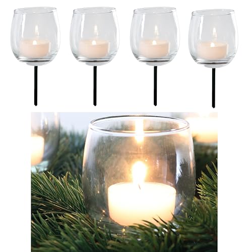 4-TLG. Set Teelichtgläser mit Metallstab für Gestecke - Adventskranzstecker - Teelichthalter für Adventskranz