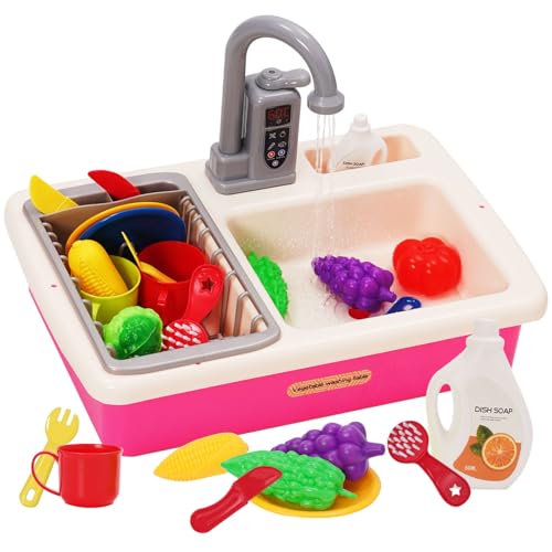 Küchenspüle Spielzeug Set mit Wasserkreislauf, Spielspüle Kinder mit Fließendem Wasser, Matschküche Kinderküche Zubehör, Obst und Gemüse Spielzeug, Rollenspiel für Jungen und Mädchen ab 3 Jahre (Rosa)
