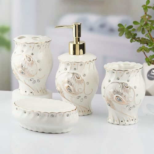 Image of Kookee Ceramic Bathroom Set - Stylish 4 Piece Bath Accessories Kit with Soap Dispenser, Toothbrush Holder, Tumbler & Soap Dish - Modern & Designer Decor, White /Silver /Gold (10102)