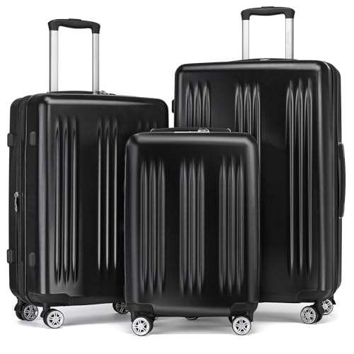 Image of Kono 3 Piece Expandable Luggage Set with Spinner Wheels Hardshell, Black | 20 /24 /28inch Lightweight PC+ABS Suitcases Set TSA Locks, Carry On Luggage 22x14x9 Airline Approved Family Travel