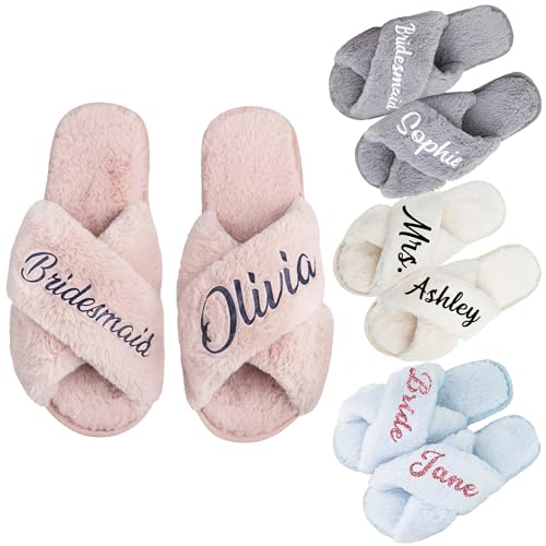 Personalized Bridal Slippers, Fuzzy Cross Band Slippers for Women, Plush Fleece House Slide Shoes, Custom Gifts for Wedding, Bridesmaid, Birthday, Mom