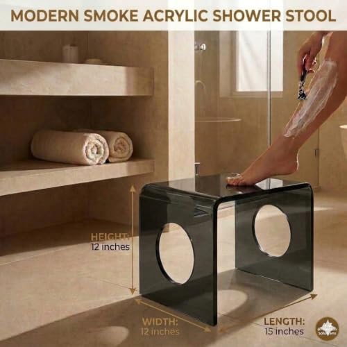 Image of Premium 15mm Thick Acrylic Bathroom Stool, Heavy Duty Multipurpose Sitting Patla for Shower and Home Rust Free Modern Home Decor Seat, 12x15x12Inches (Smoke)