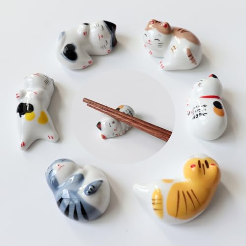 Vastsea 6 Pezzi Poggia Bacchette a Forma di Gatto, Carino Forma di Gatto Cucchiaio da Pranzo Supporto, Simpatico Gatto con Poggia Bacchette, Adatto per Forchette Bacchette(6 Gatti con 6 Sguardi)