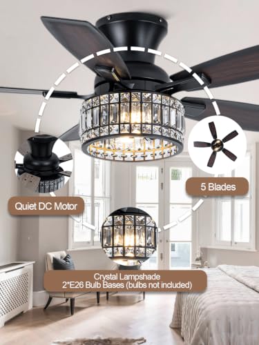 Image of 42 Inch Crystal Ceiling Fan with Lights and Remote Flush Mount | Farmhouse Rustic Fandelier Ceiling Fan, Low Profile Crystal Caged Chandelier for Bedroom Living Room, Reversible DC Motor