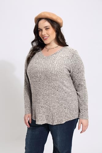 Image of RITERA Plus Size Sweater, Ribbed Long Sleeve Solid Top for Women | Soft vertical ribbed knit, modest V neck, loose long sleeves, curved swing hem, slimming casual layering top for curvy women