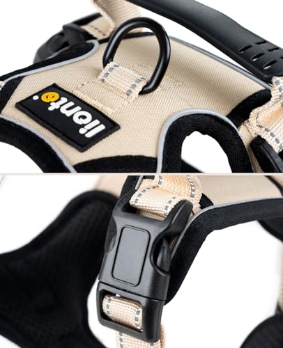 lionto Hundegeschirr gepolstert aus weichem Nylon, Größe L, reflektierendes Anti Zug Geschirr für Hunde mit 2 Ringen & 4 Einstellgurten, Zwei Klickverschlüsse & gummierter Griff am Rücken, beige