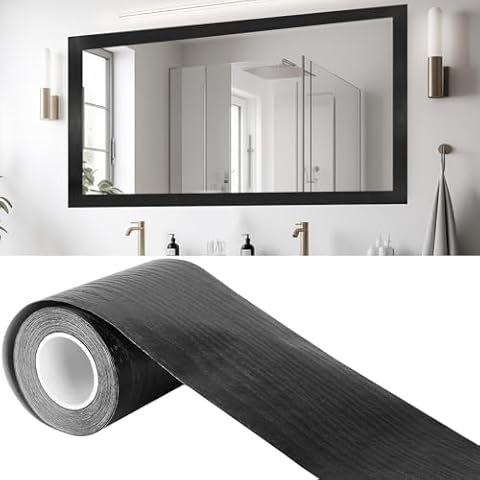 VVNIAA 32FT Mirror Border Peel and Stick, Black Mirror Tape Border, Wood Grain Wallpaper Border, Removable Bathroom Mirror Frame Border, DIY Mirror Border 32FT X 3.94 Inches Cover