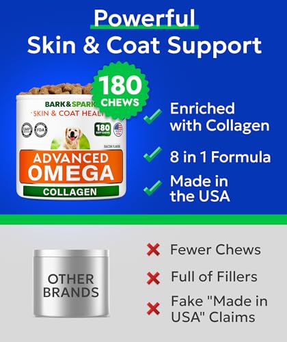 Image of BARK&SPARK Advanced Omega-3 Collagen for Dogs - 180 Fish & Salmon Oil Treats for Dog Shedding, Skin Allergy Chews, Itch Relief, Hot Spots Treatment - Joints, Skin&Coat Supplement, EPA&DHA Fatty Acids