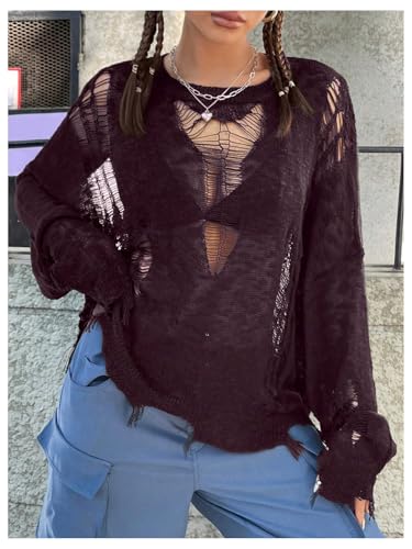 Image of Verdusa Women's Hollow Out Crochet Sweaters Top Long Sleeve Ripped Knit Top Gothic Clothes Concert Outfits Fall Clothes