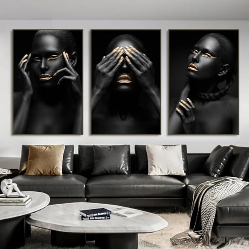 Tableau sur toile art africain haut de gamme LSYALUCK | Femme noire et dorée 60x80