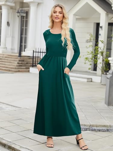Supnier Women Long Sleeve Maxi Dress Plain Casual Loose Crewneck Floral Empire Waist Long Dress with Pockets2