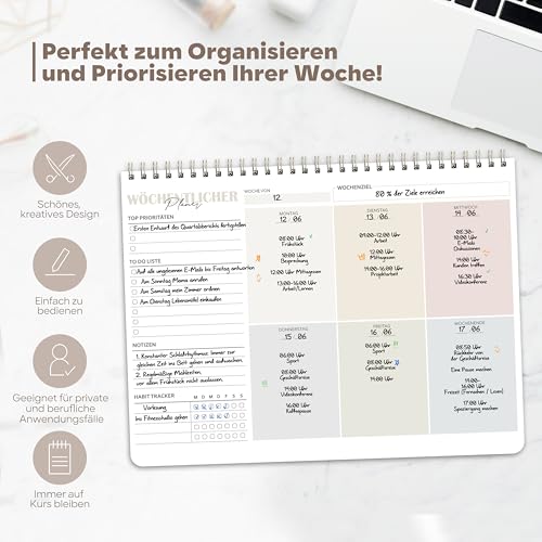 Wochenplaner Block A4 ohne festes Datum, 50 Seiten Weekly Planner, Schreibtischunterlage mit To Do Liste, Spiral-Wochenkalender Wochen Planer mit Wochenübersicht&Habit-Tracker für Termine, Aufgaben