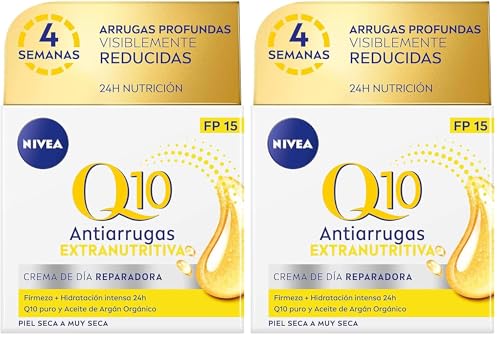 NIVEA Q10 Power Antiarrugas - Crema de Día Extra-Nutritiva SPF15 - Crema Hidratante Facial Antiedad - Reduce Arrugas y Nutre la Piel - Q10, Aceite de Argán y Protección Solar FP15 - Piel Seca - 50 ml