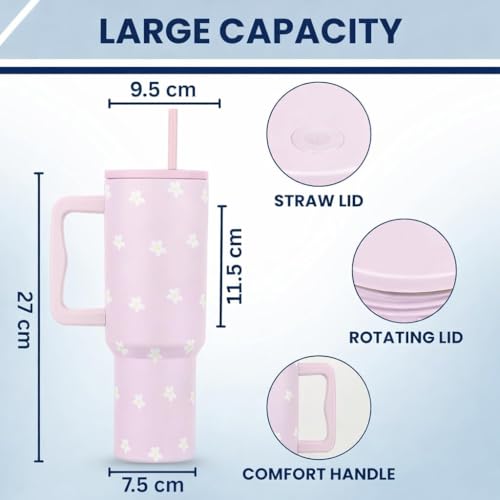 Image of Stainless Steel 1200 ml Vacuum Tumbler with Lid & Straw - Double‑Wall Insulated Cup for Travel, Gym & Office - Keeps Beverages Hot or Cold - 1.2 L Capacity (Pink Tiny Flower)