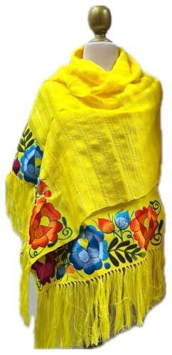 La Santa Art Mx Rebozo Mexicano Bordado Floral. Mexican embroidered shawl. handmade rebozo made from a loom. Mexican handmade floral embroidered rebozo, Christmas gift (Yellow)