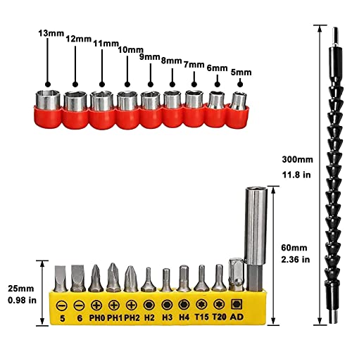 Kigauru 22Pcs Flexible Drill Bit Extension Bendable Bit 1/4 Inch Magnetic Hex Soft Flexible Shaft With Nut Driver Drill And Screwdriver Sets For Computer Chassis Electrical Cabinets Furniture Etc #TOP1