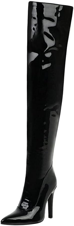 LUXMAX Women Patent Leather Thigh High Boots Stiletto High Heel Pointed Toe Stretch Over The Knee Boots