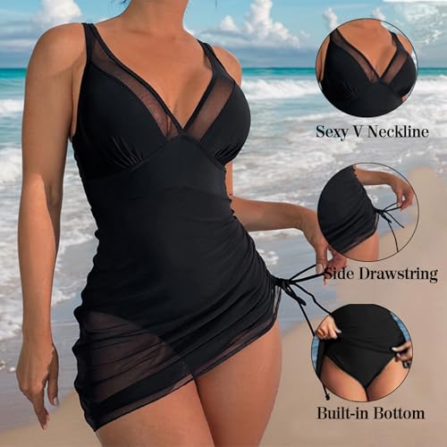 Leoparts Women's V Neck One Piece Swimsuit Mesh Sheer Swim Dress Curvy Tummy Control Side Drawstring Bathing Suits3