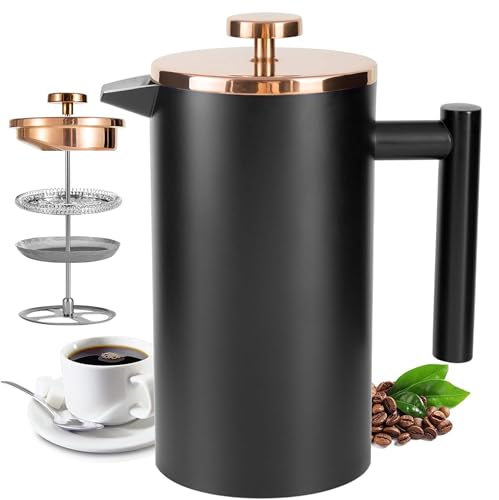 Wrobic Cafetiere French Press Small 350ml/12oz Cafetiere Stainless Steel Double-Wall Metal Insulated Coffee Press 3 Level Filtration System with 3 Extra Filter Screens (1cup Black)