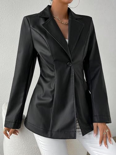 WDIRARA Women's PU Leather Single Button Blazer Long Sleeve Lapel Neck Fitted Motorcycle Coat Outerwear3