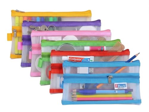 Image of TULMAN 6 Pieces Transparent Waterproof Storage Pouch Travel Organizer Mesh Bag with Zipper for Cosmetic Jewelry Makeup Pen Pencil Case (Color May Vary) (Pen Pouch 6)