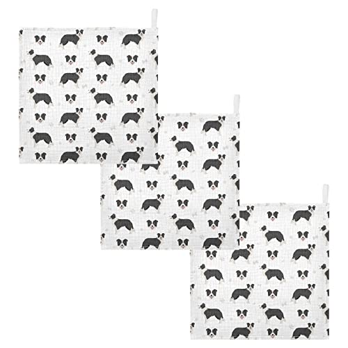 Image of vvfelixl Baby Cotton Washcloths Border Collie Black Infants Bath Towel for Unisex Face Towels for Newborn, Natural Baby Wipes Delicate Skin, 11.8 X 11.8 inch, one sizex3