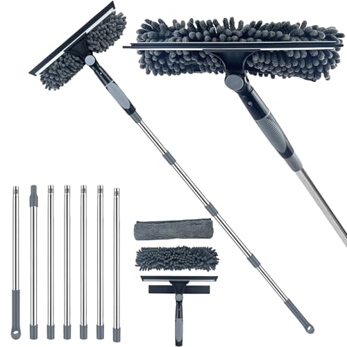 ガラスクリーニングツールキット 高所窓掃除用ワイパーセット 180°回転 約301cm伸縮可能 7本伸縮式ステンレスポール ブルー 延長ポール付き 両面仕様 軽量清掃ツール 屋内 屋外ドアウォールミラーソリューション 風呂 ガラス 壁 鏡 (グレー)